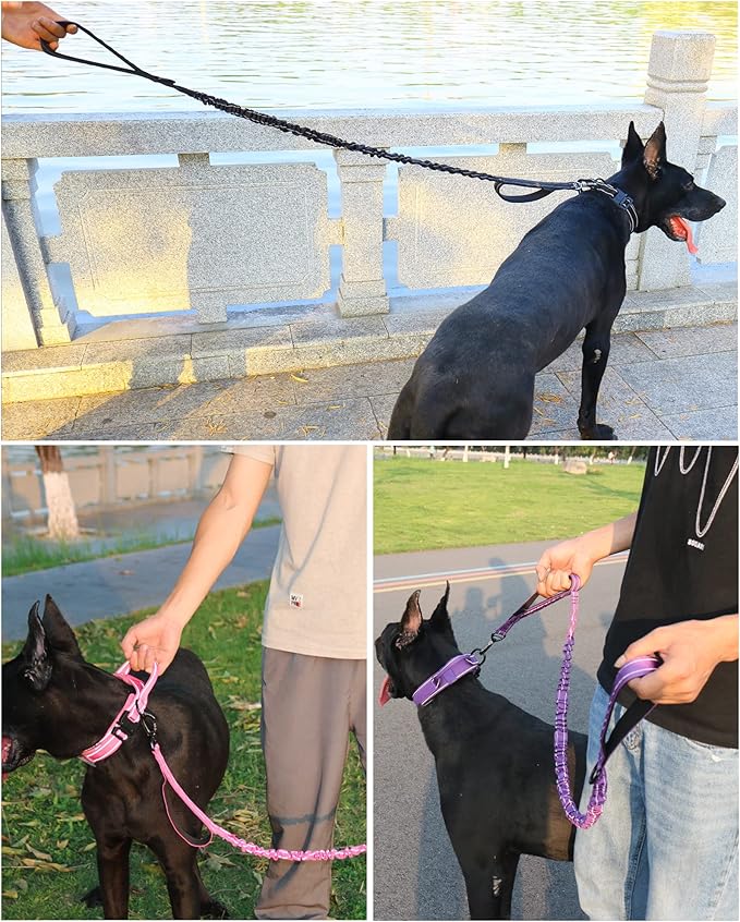 AUBELL Tactical Dog Collar and Leash Set, Reflective Adjustable Heavy Duty Military K9 Collars with Handle and Metal Buckle for Large Dogs, with Airtag Case and 2 Patches(Black,L)