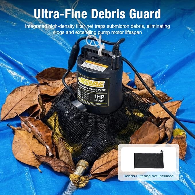 CrestWave 1HP Automatic Pool Cover Pump & Submerible Sump Pump | 4500GPH, Unique External Sensor Switch - Clog-Free, Stays Responsive, Auto 2-in-1 Pump, w/3/4” Check Valve Adapter