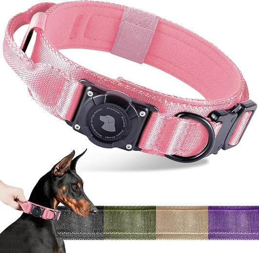 2026 Upgrade Waterproof AirTag Dog Collar, Military Tactical Dog Collar with AirTag Holder, Comfortable Control Handle and Metal Buckle, GPS Dog Collar Holder for Medium to Large Dogs (Pink, M)