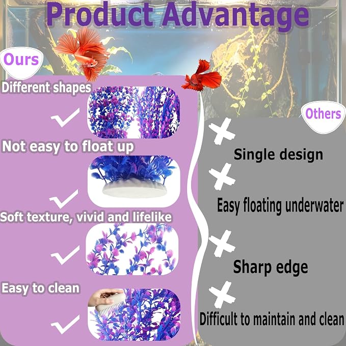 2 PCS Artificial Plants for Aquarium,23" Tall Fish Tank Plant Decor | Large Freshwater & Saltwater Lifelike Soft Plastic Plant Fish Tank Accessories with Stable Base(Purple)
