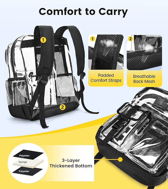 Vorspack Clear Backpack for School - Heavy Duty Transparent Bookbag for Girls Boys Large See Through backpacks for Work, College, Travel - Black