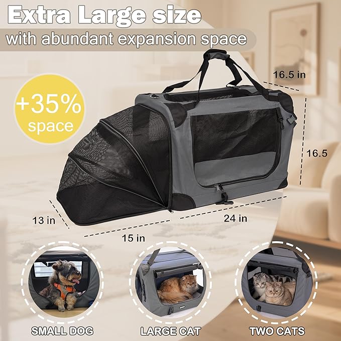 Prutapet Expandable Large Cat Carrier for 2 Cats Big Cat 20lbs+ Soft Sided Portable Crate 24"x16.5"x16.5" for Car Traveling Long Trips Ride with Collapsible Bowl and Litter Box