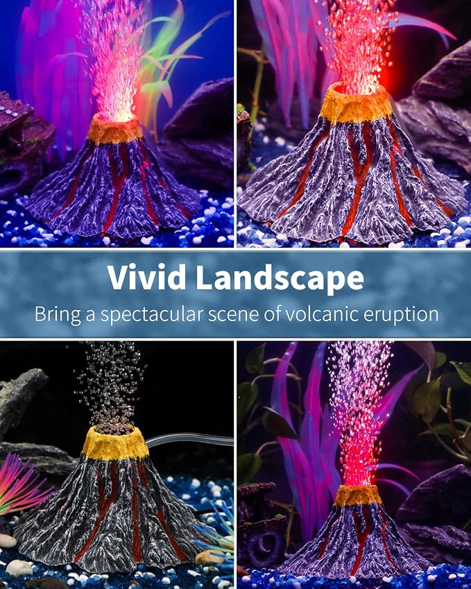 Uniclife Aquarium Volcano Ornament Kit Volcanic Eruption Decoration with Mini Air Pump Red LED Spotlight Air Stone Bubbler Airline Tubing Check Valve Fish Tank Resin Decor for Landscape and Aeration