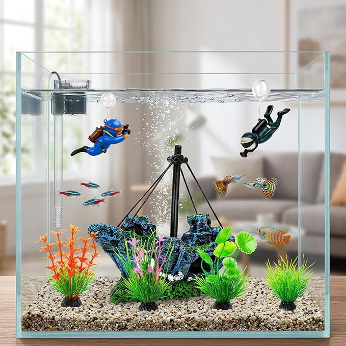 7 Pcs Aquarium Decor Set, Shipwreck Decoration Little Diver Floating Fish Tank Decoration Fish Tank Plants for Small Tank Driftwood Betta, Guppy & Shrimp