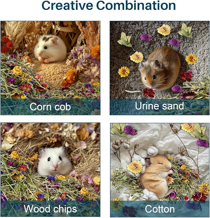 Sukh 150G Hamster Bedding - Flowers & Herbs Odor Control Dwarf Gerbil Robo Katy Habitat Decor Hamster Forage Gerbils Mice Lemmings Degus or Other Small-Sized Pets