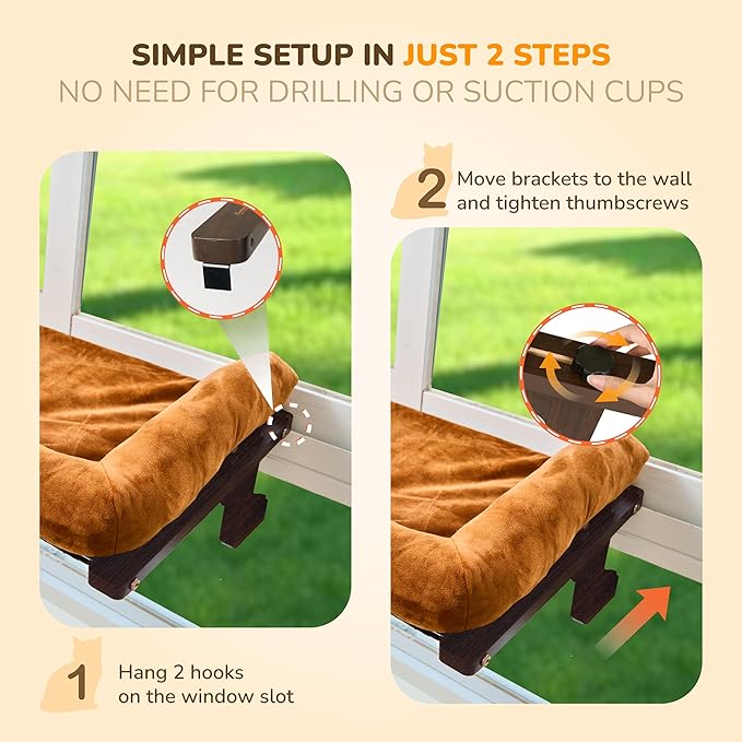 [Ready to Gift] PURRHOUSE 45LBS Cat Window Perch with Bolster, Hammock Seat with Plywood & Metal Frame, Cat Bed for Windowsill, Bedside and Cabinet (Walnut Wood & Brown Cushion, 24.8''W x 9.4''H)