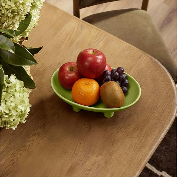 Three-Leg Ceramic Fruit Bowl, 10 Inch Oval Serving Dish for Kitchen Counter, Candy or Key Holder, Home Decor Accent Beige Green
