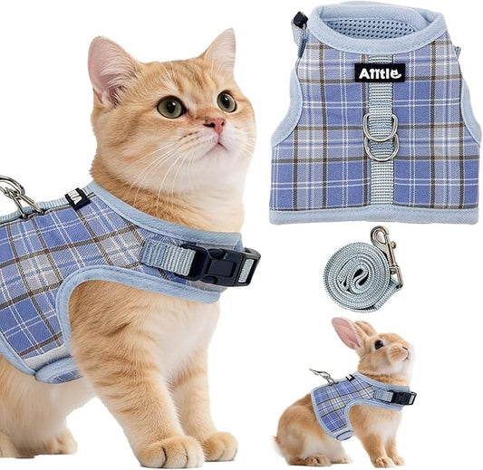 AIITLE Adjustable Bunny Harness & Leash Set - Soft Mesh Liner, Comfort Fit Plaid Pattern Vest with Magic Tape Design, Portable for Small Animal Pets Rat Squirrel Ferret Puppy Cat, Blue L
