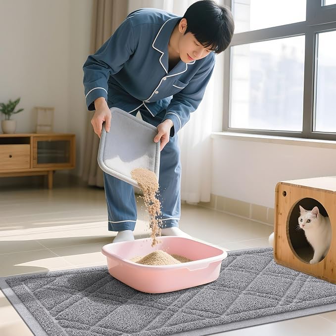 Smiry Cat Litter Box Mat 47x32, Non-Slip Water Resistant Litter Trapping Mat, Easy Clean Less Waste and Urine-Locking Cat Carpet for Indoor, Grey