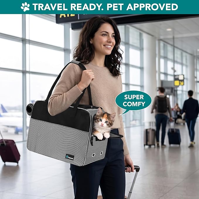 PetAmi Dog Purse Carrier for Small Dogs, Airline Approved Soft Sided Pet Carrier with Pockets, Ventilated Dog Carrying Bag for Puppy Cat, Dog Travel Supplies Bag, Sherpa Bed, Max 12 lbs, Stripe Black