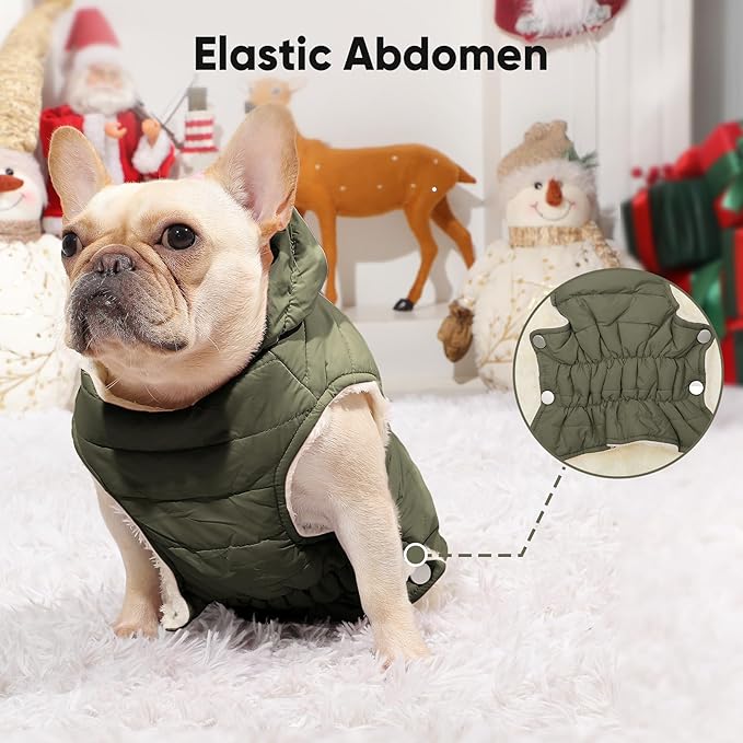 Vecomfy Fleece Lining Dog Hoodie with Harness Built in,Extra Warm Medium Dog Jacket in Winter Doggie Coats with Drawstring Hooded,Green L
