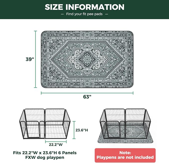FXW Washable Pee Pads for Dogs, Puppy Pads with Super Absorbent, Specifically Designed for FXW Rollick/Homeplus 24inch 6 Panels Dog Playpen, 39" x 63" Rectangle, Boho Grey, 1 Pack