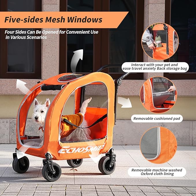 EchoSmile 4 Wheels Pet Stroller, Dog & Cat Stroller for All-Season, Lightweight Carrier with Storage Basket, Adjustable Handle, Removable Pad, Breathable Mesh, Up to 135 lbs, Orange (Orange)