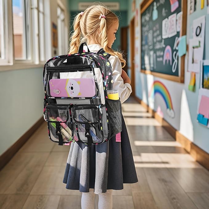 Clear Backpack for Girls, School Kids Heavy Duty See Through Bookbag Unicorn Transparent Backpack with Thicker Strap, Pink