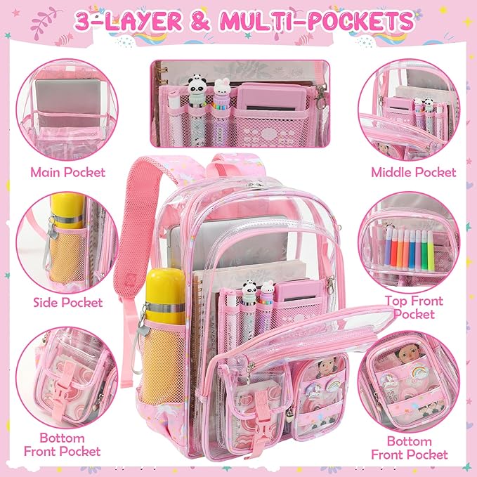 Clear Backpack, 17 inch Large Clear Bookbag with Cute Pin Accessories, Double Layer Heavy Duty See Through Backpack for School College Work Stadium Travel