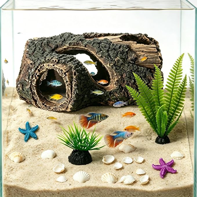Fish Tank Decoration Set Resin Tree Trunk Hide Cave Aquarium Decoration | Betta Fish Tank Decor Artificial Starfish Some Artificial Shells Plant Ornaments Aquarium Accessories Decorations, Small
