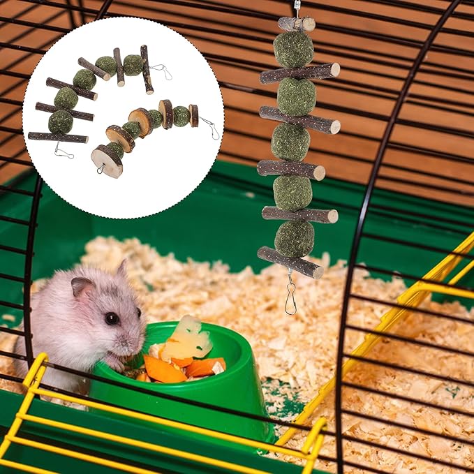 MERRYHAPY 2 Pcs Apple Wood Pet Molar for Rabbits and Hamsters Natural Chewing Sticks with Edible Grass Balls Interactive Small Animal Playthings to Reduce Boredom and Promote Dental Health