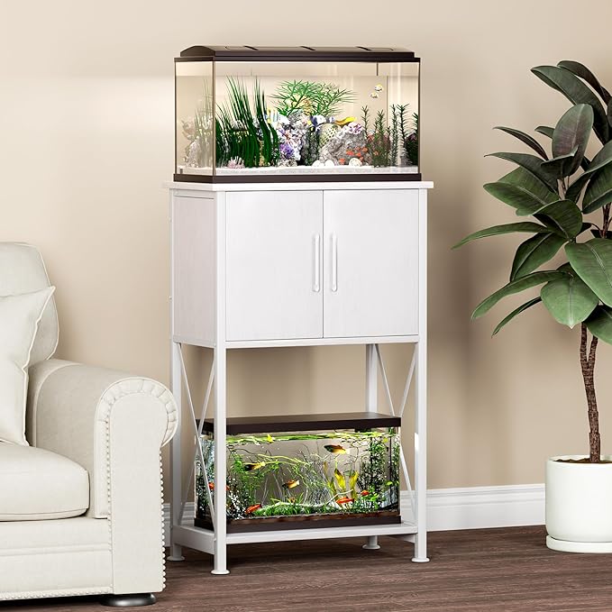 Herture 5-10 Gallon Fish Tank Stand, Metal Double Aquarium Stand with Cabinet for Fish Tank Accessories Storage, Heavy Duty 20.5" L* 11.02" W Tabletop, 500LBS Capacity White PG06YGW