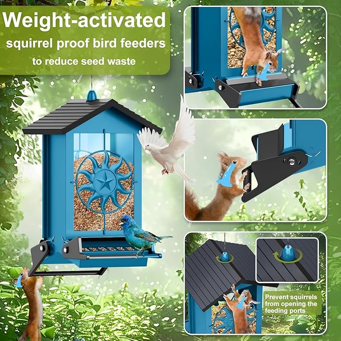 Squirrel Proof Bird Feeders for Outdoors with Weight-Activated, 5LB Large Metal Wild Bird Feeders for Cardinals,Blue Jay,Finch, Weatherproof Durable Hanging Bird Feeder for Backyard,Garden (Blue)