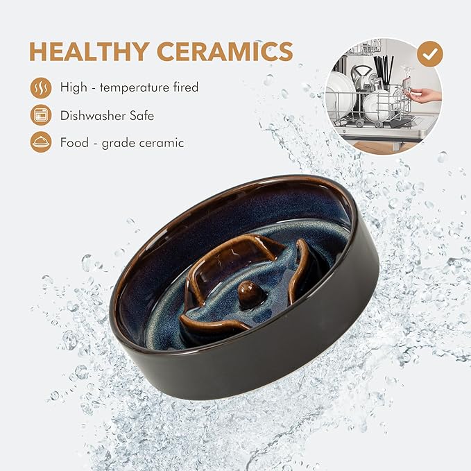 Havniva Elevated Slow Feeder Dog Bowls, 0.9 Cups Slow Feeders 6.1 inch Ceramic Dog Food & Water Bowls Set with Acacia Wood Stand Puzzle Bowls for Fast Eater, Small Dogs Anti-Choking