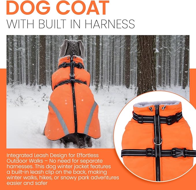 QBLEEV Large Dog Coat, Dog Winter Jacket for Large Dogs, XX-Large Waterproof Cold Weather Vest with Built-in Harness, Zipper & Reflective, Windproof Thick Warm Fleece Snowsuit Clothes, Orange, XXL
