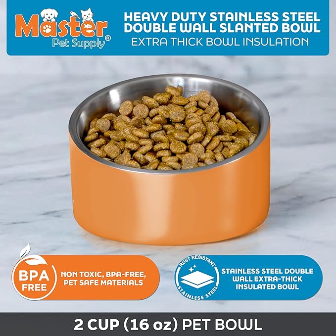 Master Pet Supply Stainless Steel Slanted Dog Cat Food Bowl - 16 oz Heavy Duty - Mango Tango, Double Wall Insulated, Non-Slip Elevated Bowl for French Bulldogs Pugs Cats, Anti Rust Dishwasher Safe
