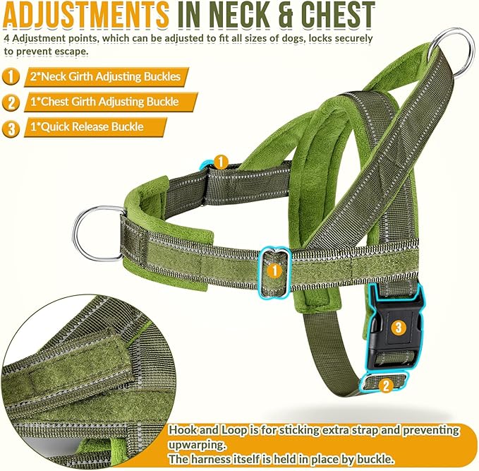 SlowTon No Pull Dog Harness - Heavy Duty Dog Harness and Leash Set for Medium Large Dogs, Reflective Tactical Harness with Soft Padded and Front Clip for Easy Walk and Training (GR, M)