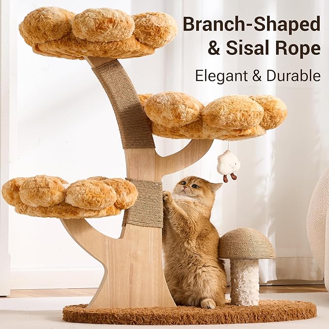 Aesthetic Flower Cat Tree Tower for Indoor Cats, 37" H Modern Cat Tree with Wood Sculpted Branch Scratching Post, Washable Flower Cat Beds, Mushroom Scratcher & Interactive Squeaky Toy, Brown