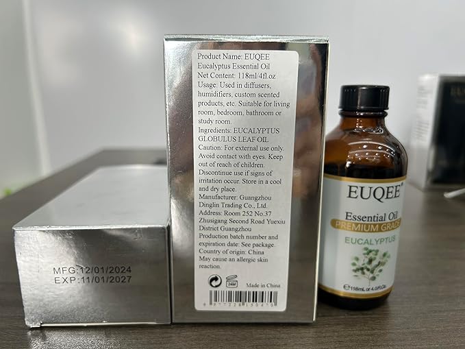 EUQEE Eucalyptus Essential Oil 118ml Pure Eucalyptus Oil with Glass Dropper for Aromatherapy, Diffuser, Soap & Candle Making - 4Fl.Oz