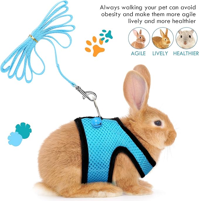 SATINIOR 2 Sets Guinea Pig Harness and Leash Adjustable Soft Mesh Harness Bell No Pulling Comfort Vest for Baby Ferret Rats Hamster Bunny Rabbit Chinchilla and Small Pet(Blue, Black,L)