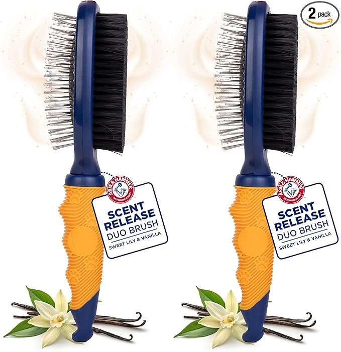 Arm & Hammer Deodorizing 2-in-1 Pin & Bristle Dog Brush, Fragrance Transfer Technology with Baking Soda, Detangling & Shedding, Dog Grooming Brush for Long Hair, Sweet Lily & Vanilla Scent - 2 Pack