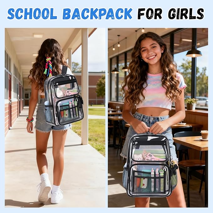 MOONBABY Clear Backpack for School Girls, Heavy Duty TPU Transparent Backpack Stadium Events Approved, Clear Bookbag
