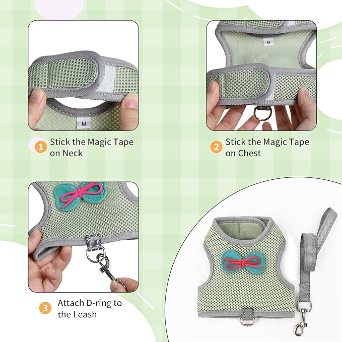 AIITLE Adjustable Rabbit Harness with Cute Bow - Breathable Vest, Anti-Escape Buckles, Reflective Leash for Training, Parties - Fits Rabbits, Hamsters, Mini Pets Olive-Green L