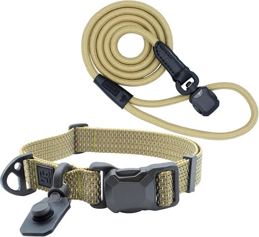 Quick Clip Dog Collar & Rope Leash Set, Sand Medium – Magnetic Buckle, Reflective