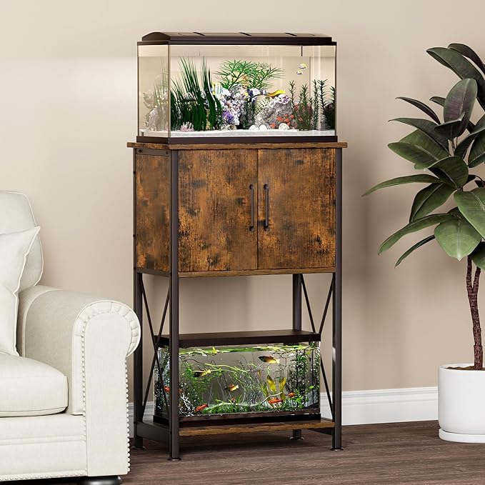 Herture 5-10 Gallon Fish Tank Stand, Metal Double Aquarium Stand with Cabinet for Fish Tank Accessories Storage, Heavy Duty 20.5" L* 11.02" W Tabletop, 500LBS Capacity Rustic Brown and Black PG06YGN