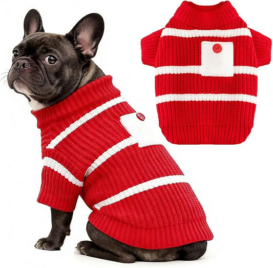 XS Dog Sweater with Cute Pocket, Striped Soft Stretchable Warm Puppy Clothes for Small Dogs Cats, French Bulldog, Chihuahua for Winter(red,X-Small)