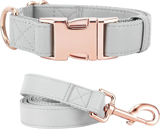 Dog Collar and Leash Set.Soft and Easy to Clean Vegan Leather with Rose Gold Metal Buckle for Small Medium Large Dogs (Grey, L(15.4”-24.8“)