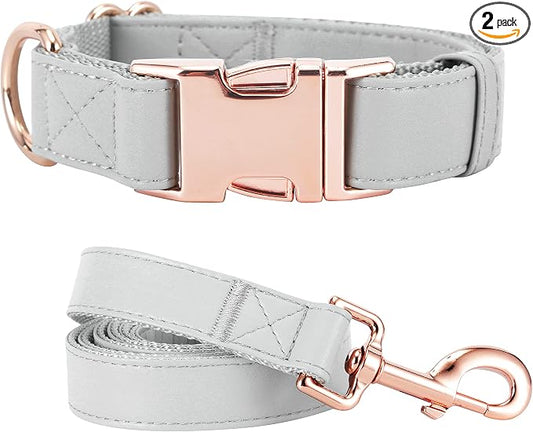 Dog Collar and Leash Set.Soft and Easy to Clean Vegan Leather with Rose Gold Metal Buckle for Small Medium Large Dogs (Grey, M(13.8"-19.7"))