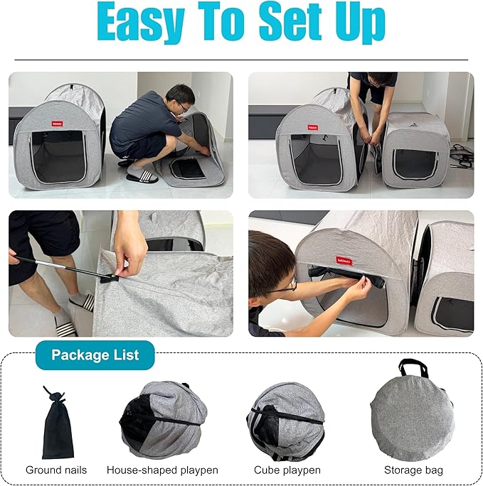 Portable Cat Playpen, Pop-up 2-in-1 Crate Playpen with Litter Box Area for Travel Indoor Outdoor, Foldable Pet Playpen Enclosed for Kitten Puppy Rabbit Hamster Small Animals
