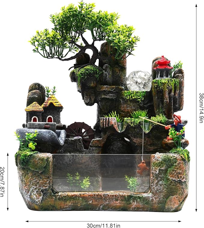 Indoor Fountain Rockery Tabletop Fountain with an Atomizer Elaxation | Water Feature Meditation Desktop Fountains for Home Office Decor or Gift 11.8'' x 7.87'' x 14.9'' with LED Light