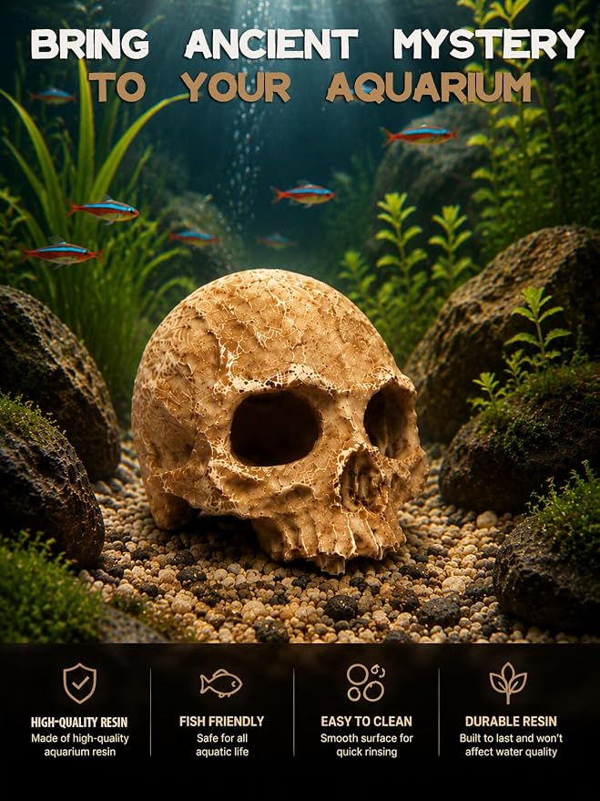Aquarium Decor - Small Skull Hiding Cave for Fish Tank, Aquarium Hideout Ornament with Skull Texture for Betta, Guppy, Shrimp, Spider - Aquatic Hide Decoration, Fish Hiding House（White）