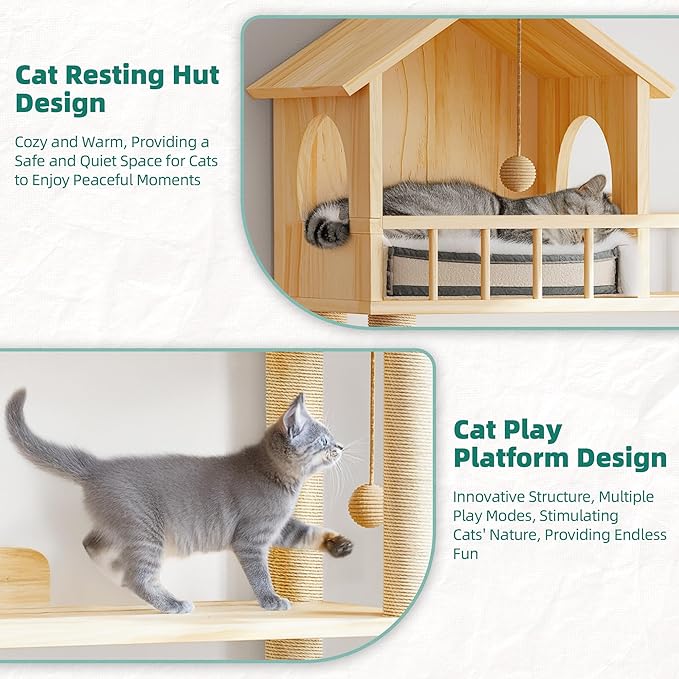 Wood Cat Tower for Automatic Litter Box, 60"H Cat Tree with Scratching Post, Multi-Level Solid Wood Cat Tree for Indoor Large Cats, Tall Cats Scratching Post Furniture w/Cats House, Burlywood