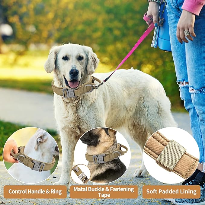 Tactical Dog Collar - Military Dog Collar, Adjustable Heavy Duty Metal Buckle Nylon Collar with Control Handle for Small Medium Large Dogs (Brown,XL)