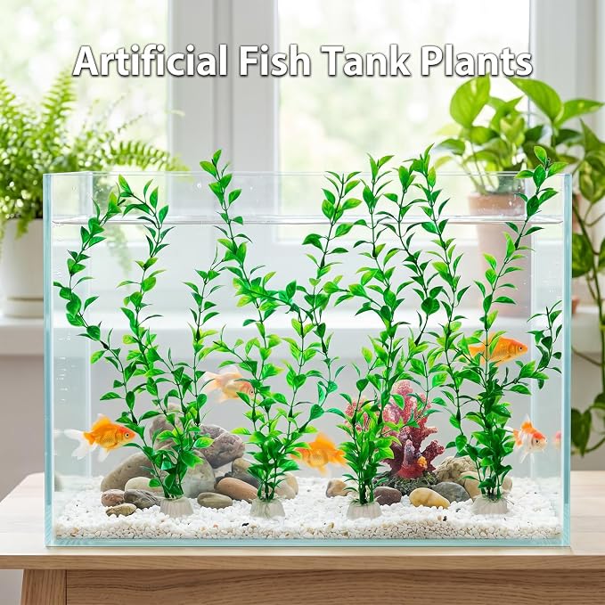 4 Pack Silk Aquarium Plants 13.8 Inch Plants for Fish Tank | Decorations Artificial Plastic Habitat Decor Small To Moderate Size Safe Green for Tank, Goldfish, Fish Hides