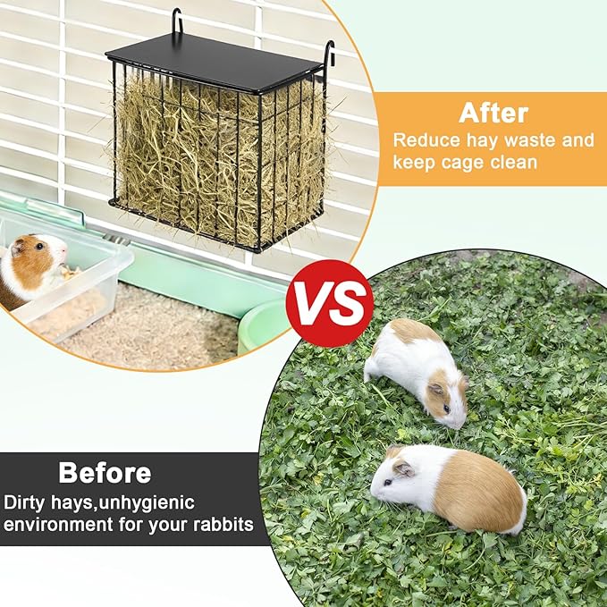 Upgraded Hay Rack for Rabbits, Bunny Feeder for Guinea Pigs Chinchillas, Black, Hanging Hay Feeder with Lid, Bunny Feeding Holder, Metal, Square, Chinchilla Cage Accessories