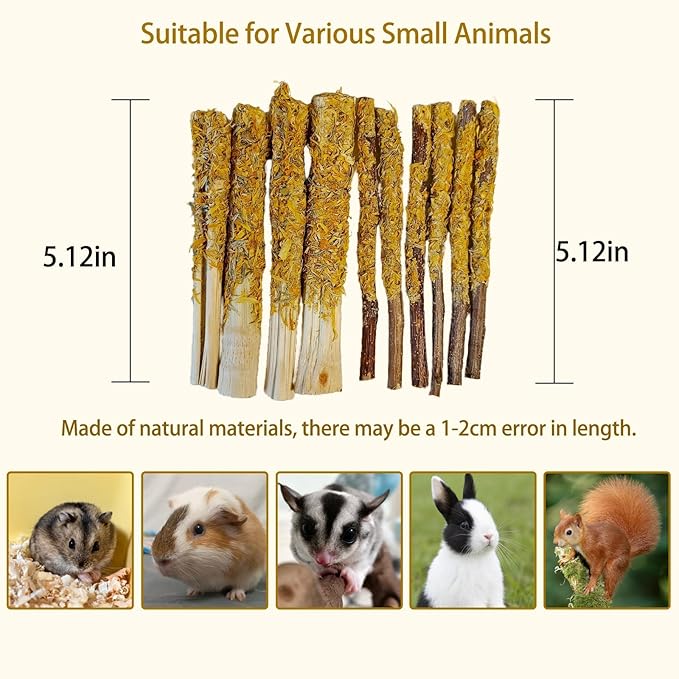 kathson 10Pcs Rabbit Chew Sticks,Natural Guinea Pig Chew Toys Apple Wood with Petals,Bunny Sweet Bamboo Molar Teeth Sticks,Small Animals Teeth Care Treats Stick for Hamster,Chinchilla,Gerbils
