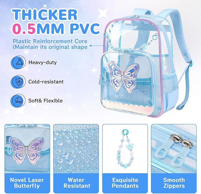 MUSEVOS Clear Backpack, Clear Bookbag for School PVC Heavy Duty Transparent Backpack for Girls, Blue Butterfly
