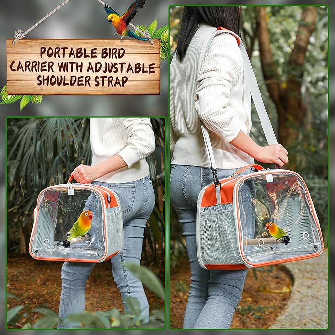 Small Bird Carrier, Large Window Travel Cage with Stand and Easy Clean Tray for Parrot Parakeet Cockatiels, Lightweight and Portable, Orange H