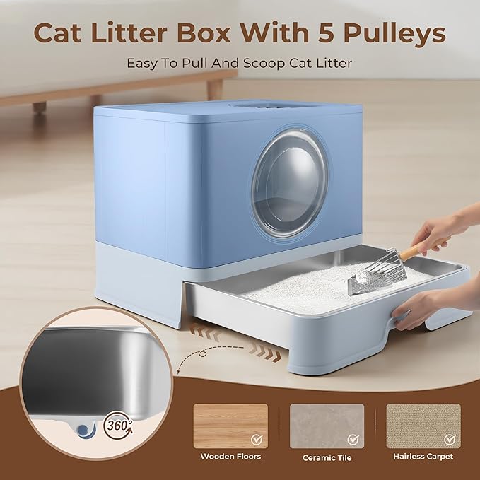 XXXL Stainless Steel Litter Box with Lid, Front Entry Top Exit, Extra Large Metal Cat Litter Box with Drawer, Maine Coon Cats, with Litter Scoop & Litter Mat, Anti-Odor, Anti-Leakage & Non-Stick