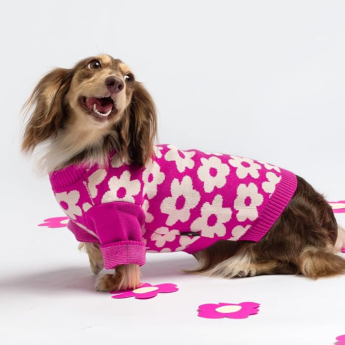Fitwarm Floral Dog Sweater - Thermal Dog Sweatshirt, Hot Pink, White, Small